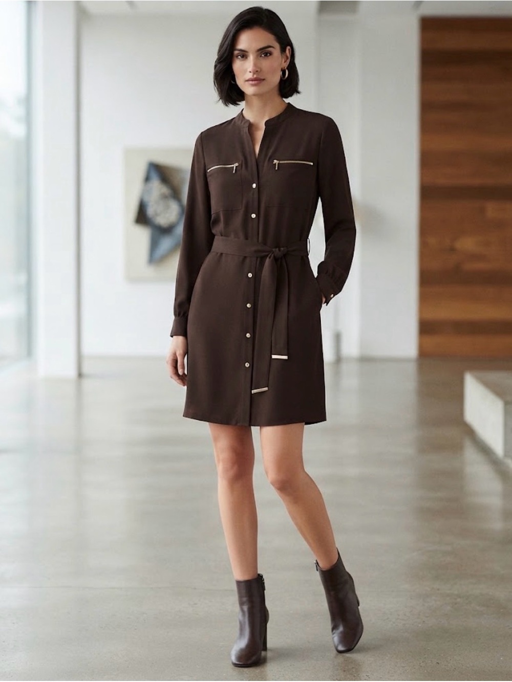 Michael Kors Black Long-Sleeve Shirt Dress with Zip Pockets